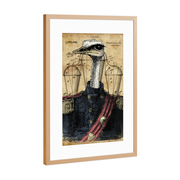 Poster mit Rahmen Kupfer "Steampunk Strauß in Uniform" artboxONE - Tiere - Strauß,Vogel,Tier,Uniform,Soldat,Antik,Vintage,Armee,Marine,Steampunk