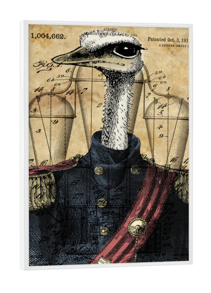 Poster mit weißem Rahmen "Steampunk Strauß in Uniform" artboxONE - Tiere - Strauß,Vogel,Tier,Uniform,Soldat,Antik,Vintage,Armee,Marine,Steampunk