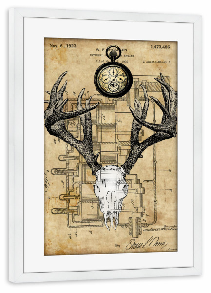 Poster mit Rahmen weiß "Rehschädel" artboxONE - Tiere - Rehschädel,Schädel,Hirsch,Anatomie,Steampunk,Reh,Seltsam,Goth
