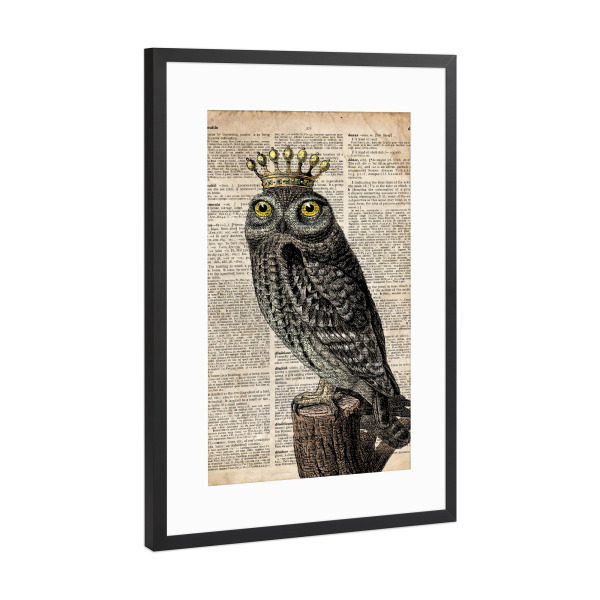 Poster mit Rahmen Schwarz (Metallic) "König Eule - Wörterbuch" artboxONE - Tiere - Eule,Vogel,Tier,Königin,Königlich,Wörterbuch,Antik,Vintage,Krone