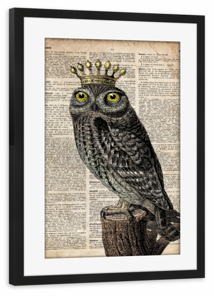 Poster mit Rahmen schwarz "König Eule - Wörterbuch" artboxONE - Tiere - Eule,Vogel,Tier,Königin,Königlich,Wörterbuch,Antik,Vintage,Krone