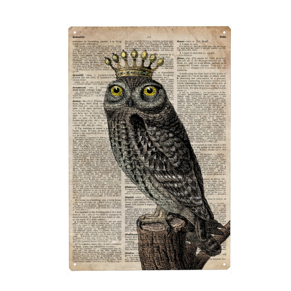 Metall Poster "König Eule - Wörterbuch" artboxONE - Tiere - Eule,Vogel,Tier,Königin,Königlich,Wörterbuch,Antik,Vintage,Krone - Blechschild