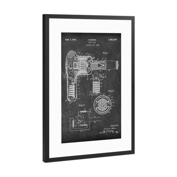 Poster mit Rahmen Schwarz (Metallic) "Haartrockner Patent (Tafel)" artboxONE - Abstrakt,Schwarzweiß
