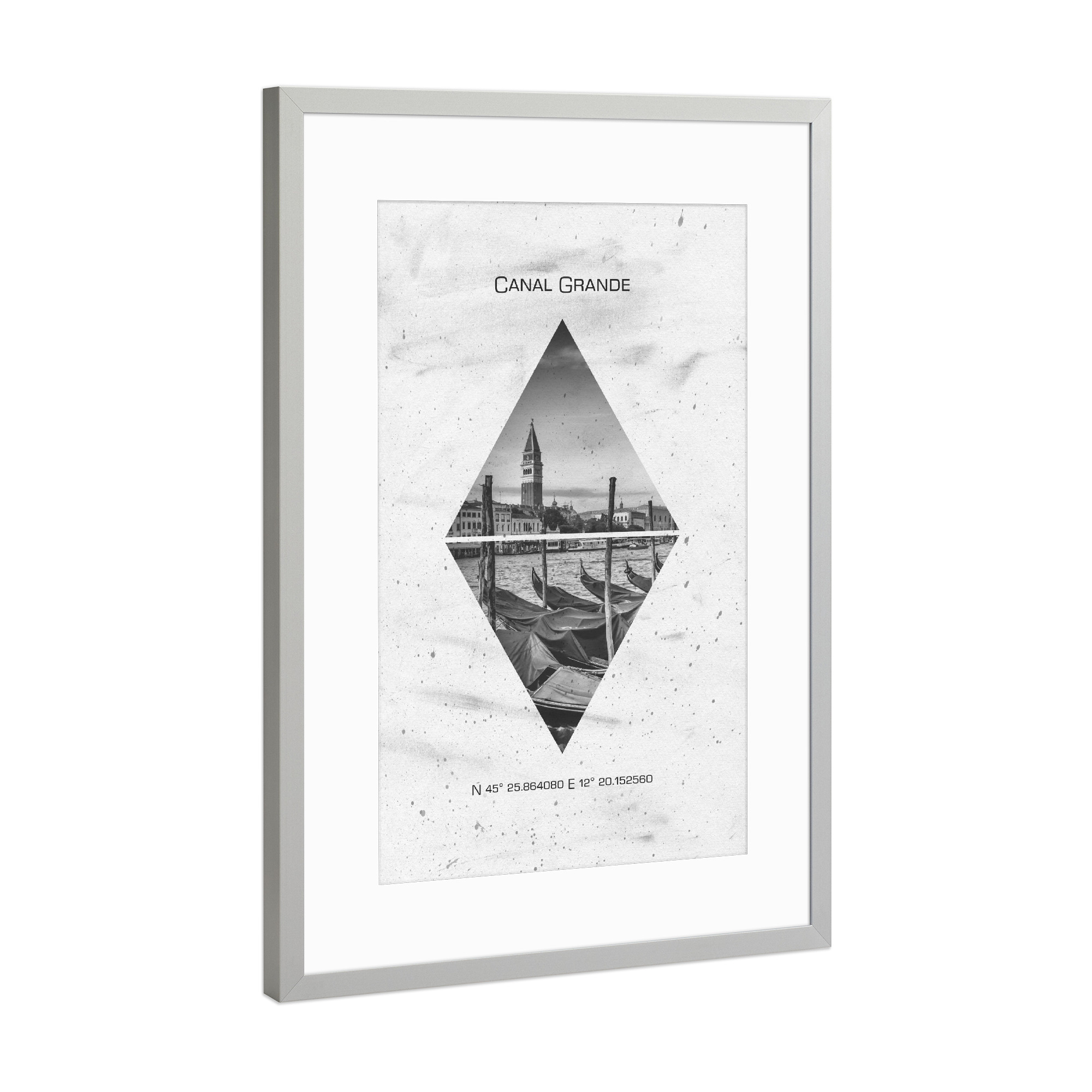 Poster mit Rahmen Silber "Koordinaten VENEDIG Canal Grande" artboxONE - Schwarzweiß,Städte / Venedig - Gondeln,Campanile,Markusturm,Venedig,Italien
