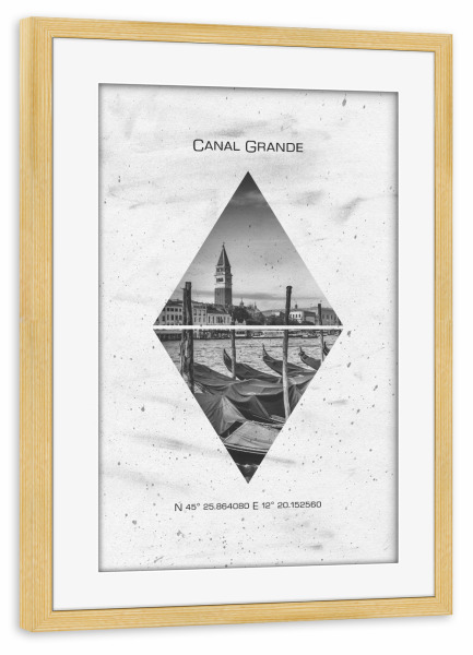 Poster mit Rahmen kiefer "Koordinaten VENEDIG Canal Grande" artboxONE - Schwarzweiß,Städte / Venedig - Gondeln,Campanile,Markusturm,Venedig,Italien