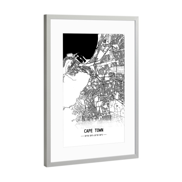 Poster mit Rahmen Silber "Cape Town Retro Map" artboxONE - Städte,Schwarzweiß,Städte / Weitere,Kartografie - Retro,Map,Cape town,Africa