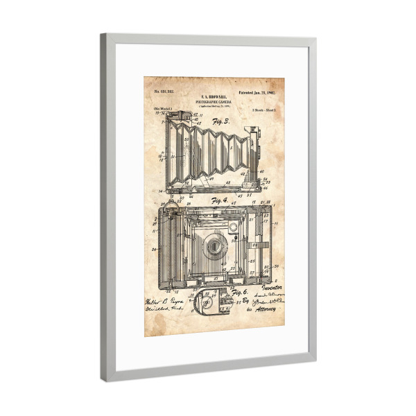 Poster mit Rahmen Silber "Retro Kamera Patent III (Antik)" artboxONE - Reise,Film,Streetart - Fotoapparat,Kamera,Retro,Foto,Fotografie,Patent,Vintage