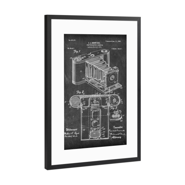 Poster mit Rahmen Schwarz (Metallic) "Retro Kamera Patent II (Tafel)" artboxONE - Film,Schwarzweiß,Für Papa