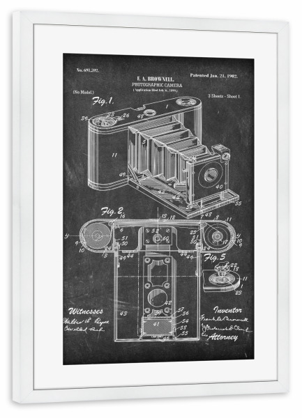 Poster mit Rahmen weiß "Retro Kamera Patent II (Tafel)" artboxONE - Film,Schwarzweiß,Für Papa