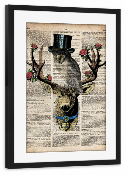 Poster mit Rahmen schwarz "Eule und Hirsch" artboxONE - Tiere - Eule,Vogel,Tier,Antik,Vintage,Hirsch