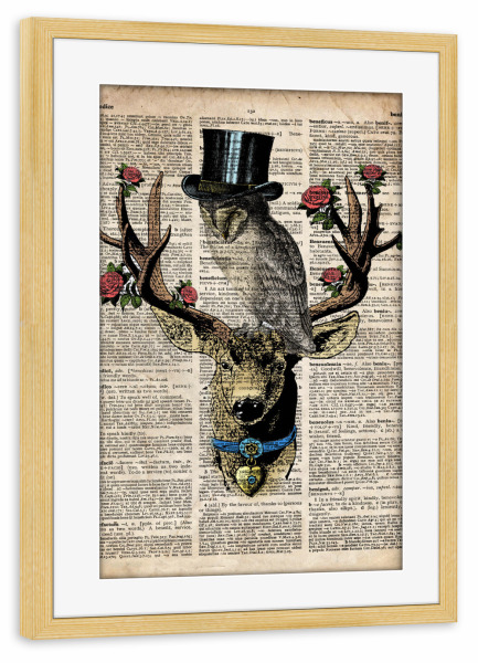 Poster mit Rahmen kiefer "Eule und Hirsch" artboxONE - Tiere - Eule,Vogel,Tier,Antik,Vintage,Hirsch