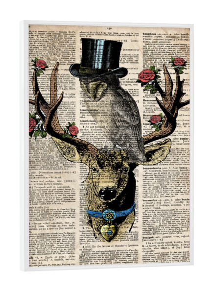 Poster mit weißem Rahmen "Eule und Hirsch" artboxONE - Tiere - Eule,Vogel,Tier,Antik,Vintage,Hirsch