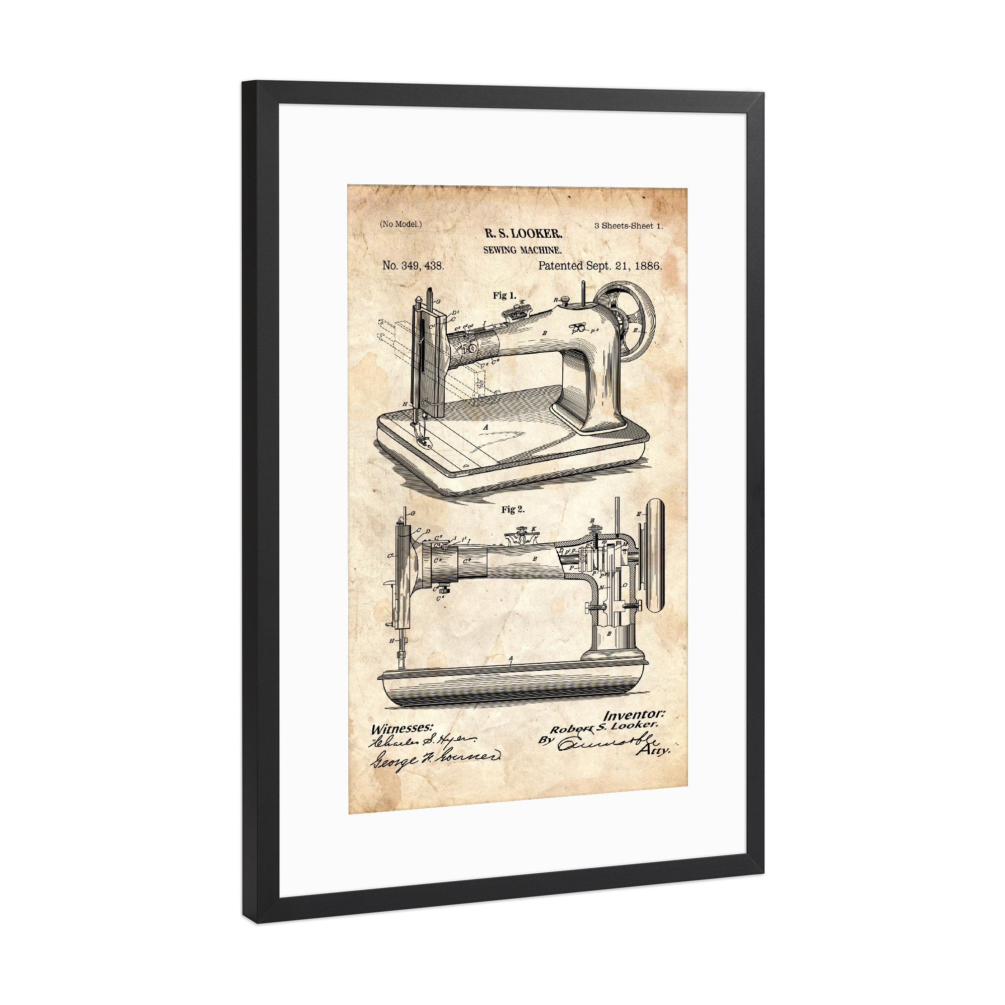 Poster mit Rahmen Schwarz (Metallic) "Nähmaschine (Antik)" artboxONE - Fashion