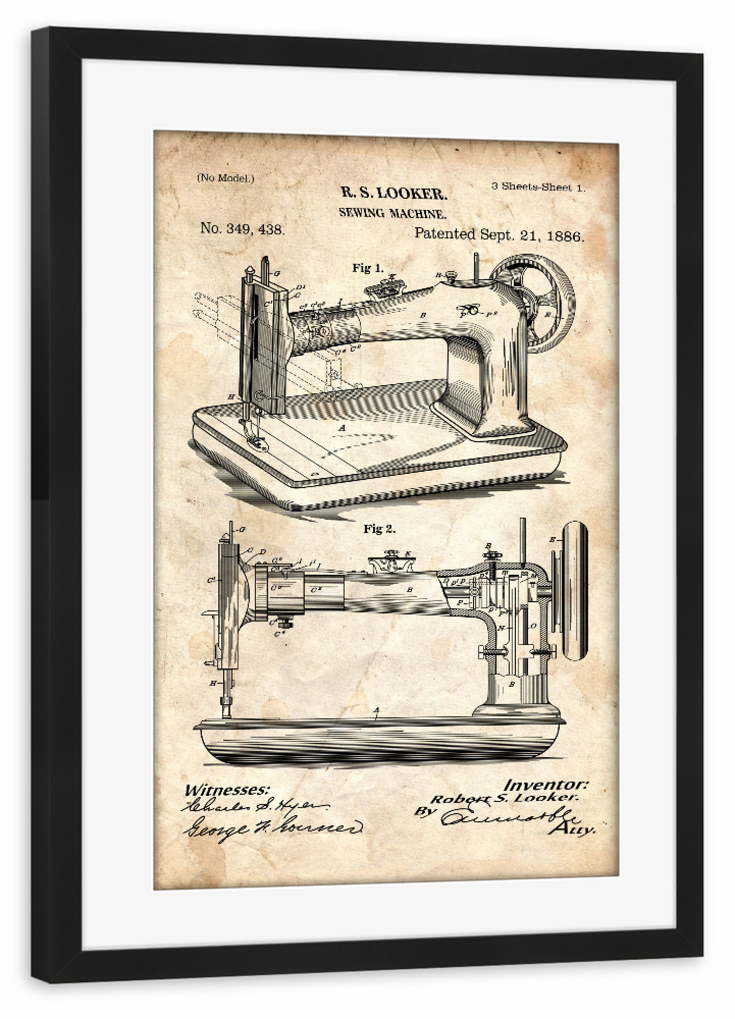 Poster mit Rahmen schwarz "Nähmaschine (Antik)" artboxONE - Fashion - Blaupause,Entwurf,Retro,Vintage,Antike,Patent,Nähen,Schneidern,Fashion