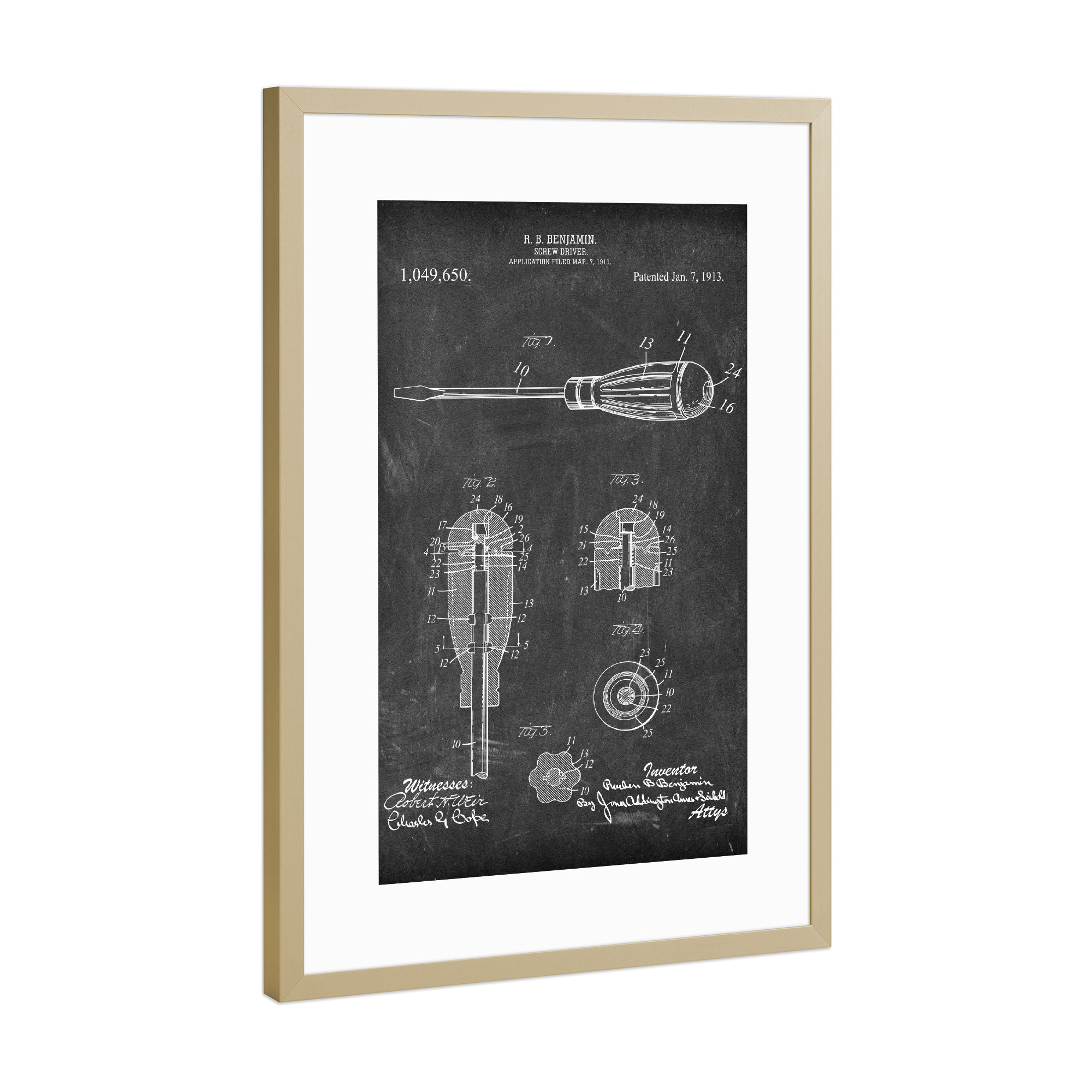Poster mit Rahmen Gold "Schraubendreher Patent (Tafel)" artboxONE - Schwarzweiß,Für Papa