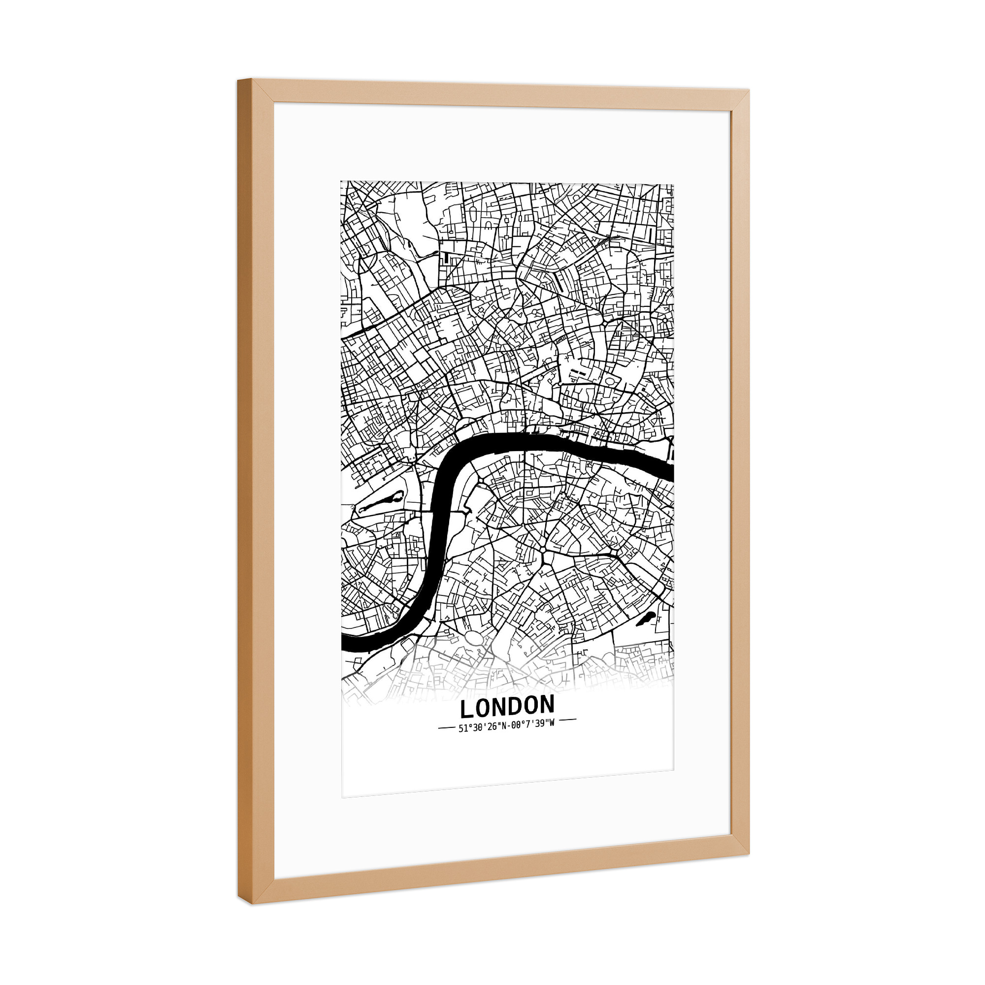 Poster mit Rahmen Kupfer "London Retro Map" artboxONE - Städte,Städte / London,Schwarzweiß,Kartografie - Retro,Map,London,Uk,United kingdom