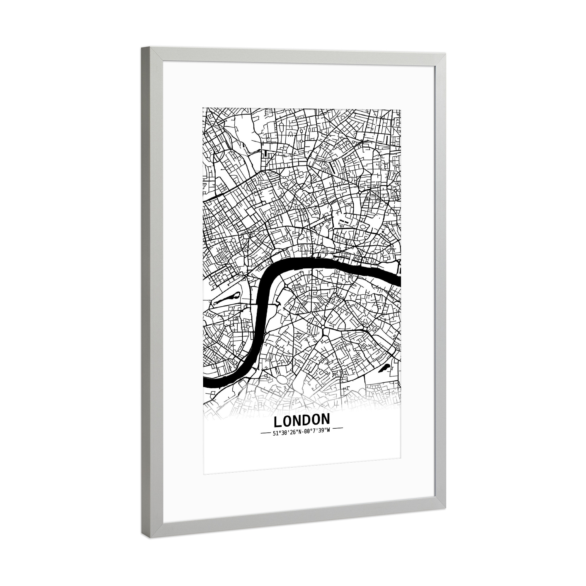 Poster mit Rahmen Silber "London Retro Map" artboxONE - Städte,Städte / London,Schwarzweiß,Kartografie - Retro,Map,London,Uk,United kingdom