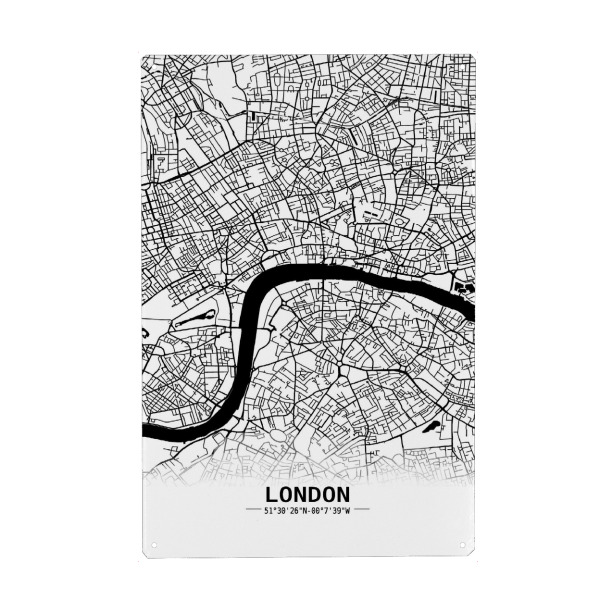 Metall Poster "London Retro Map" artboxONE - Städte,Städte / London,Schwarzweiß,Kartografie - Retro,Map,London,Uk,United kingdom - Blechschild