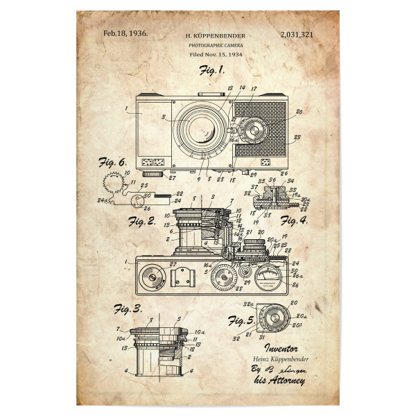 Poster 30x20 cm "Retro Kamera II (Antik)" artboxONE - Reise,Film,Abstrakt,Streetart - Fotoapparat,Kamera,Retro,Foto,Fotografie,Fotograf,Patent,Vintage