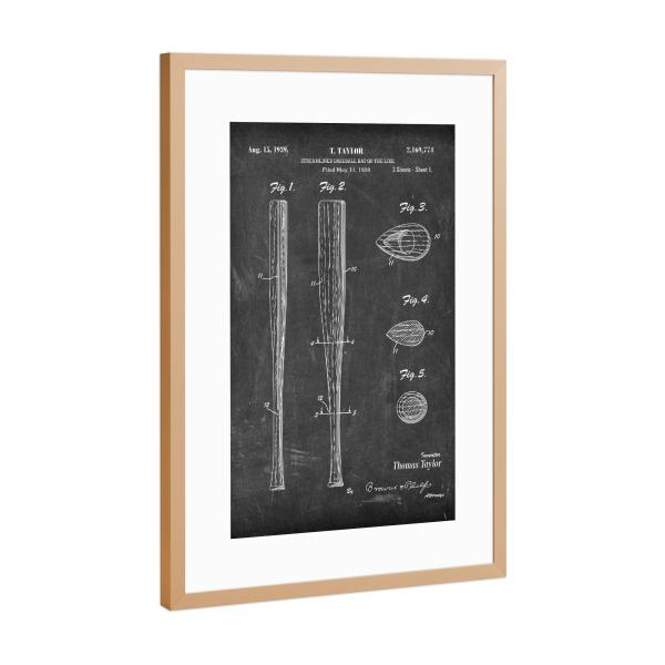 Poster mit Rahmen Kupfer "Baseballschläger Patent (Tafel)" artboxONE - Schwarzweiß,Sport