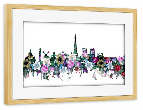 Poster mit Rahmen kiefer "Paris city skyline floral" artboxONE - Städte,Reise,Floral,Architektur,Städte / Paris