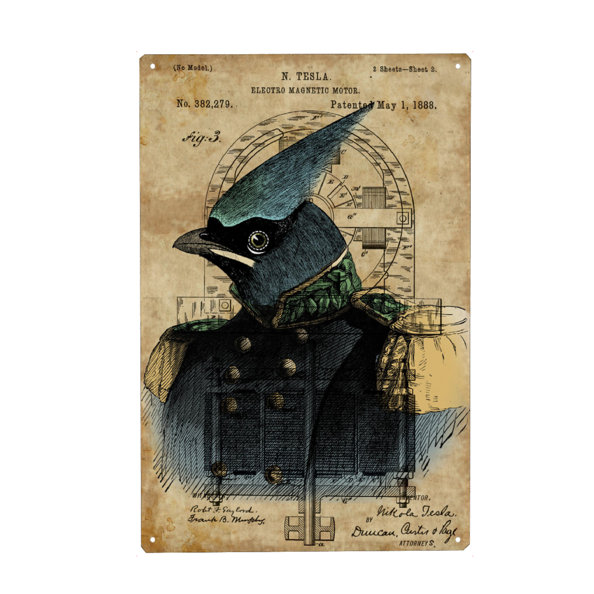 Metall Poster "Vogel in Uniform" artboxONE - Tiere - Vogel in uniform,Vogel,Unifrom,Tier,Steampunk,Entwurf - Blechschild
