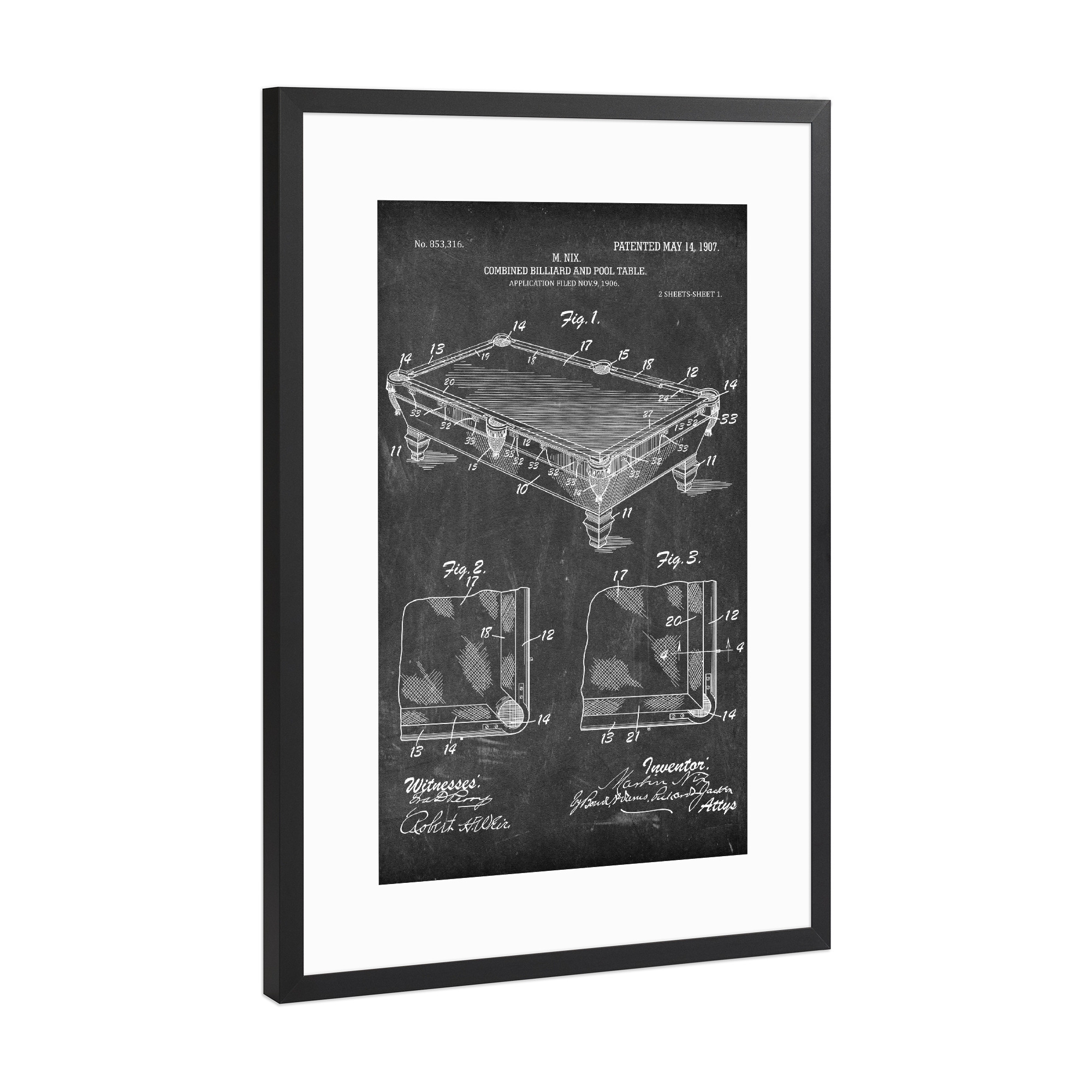 Poster mit Rahmen Schwarz (Metallic) "Billardtisch Patent (Tafel)" artboxONE - Schwarzweiß,Sport,Männer