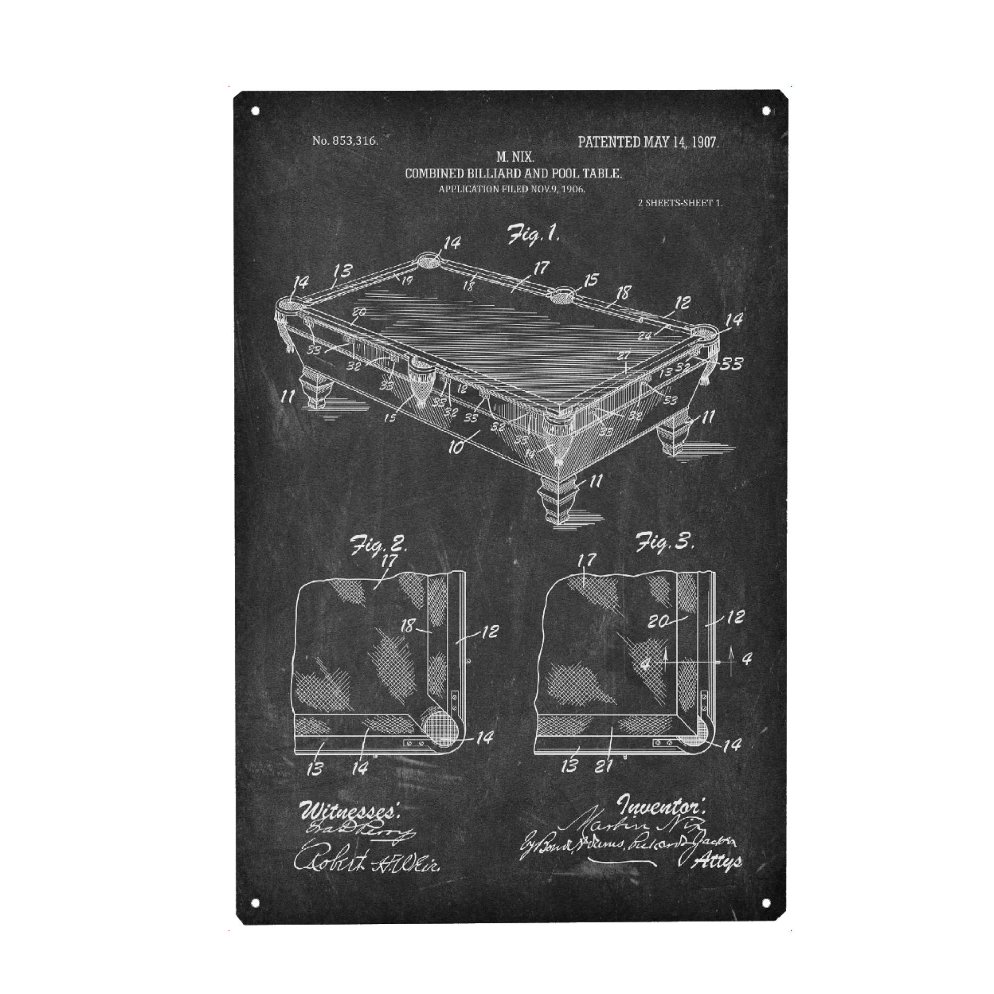 Metall Poster "Billardtisch Patent (Tafel)" artboxONE - Schwarzweiß,Sport,Männer - Billard,Poolbillard,Pool,Sport,Queue,Patent,Entwurf,Blaupause