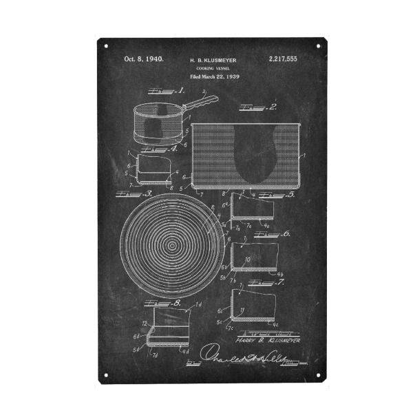 Holzbild "Kochtopf Patent (Tafel)" artboxONE - Essen & Trinken,Schwarzweiß - Küche,Kochen,Koch,Vintage,Patent,Kochtopf,Restaurant