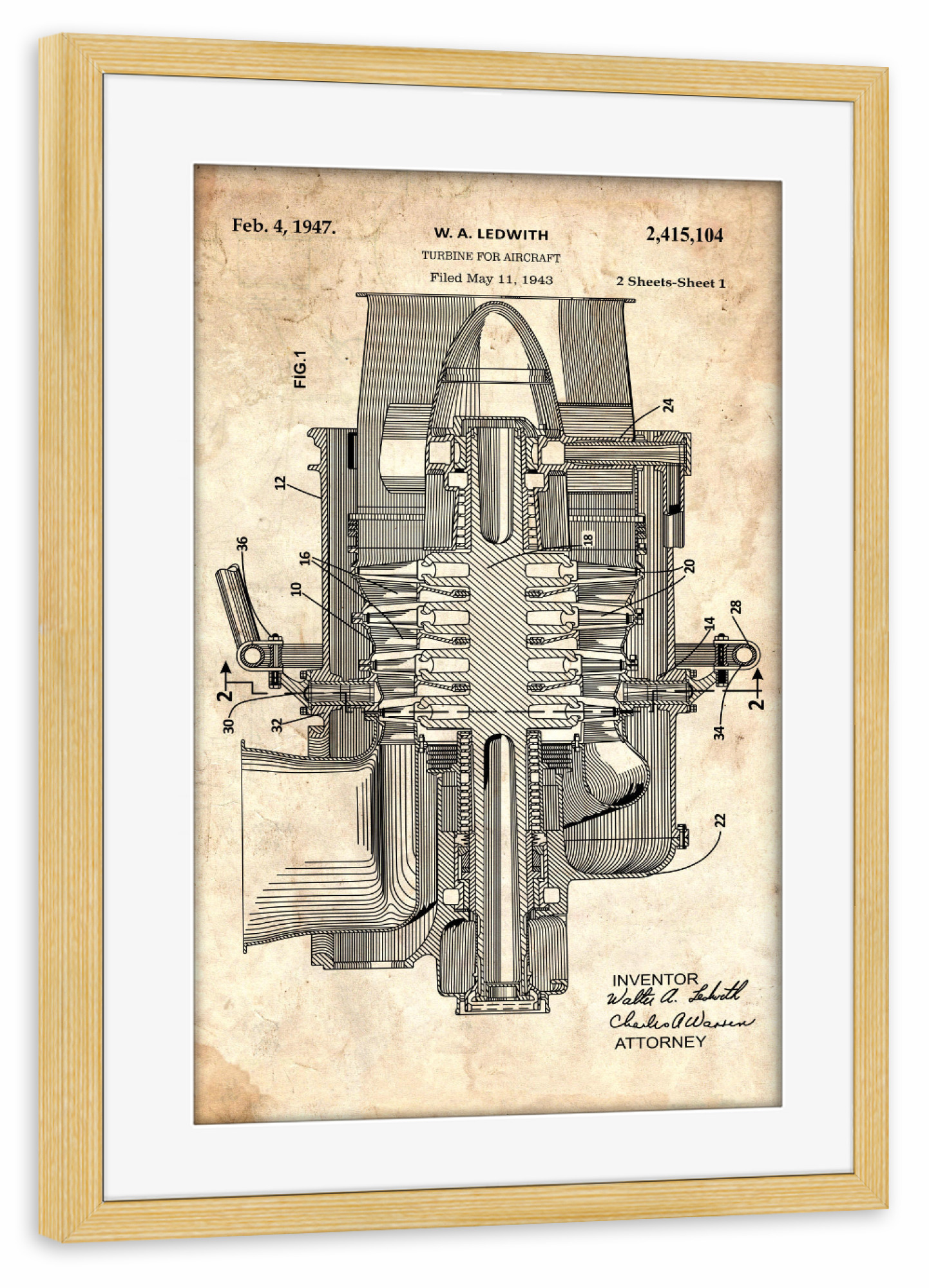 Poster mit Rahmen kiefer "Flugzeugmotor Entwurf (Antik)" artboxONE - Reise,Für Papa