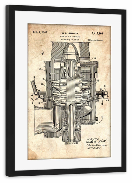 Poster mit Rahmen schwarz "Flugzeugmotor Entwurf (Antik)" artboxONE - Reise,Für Papa