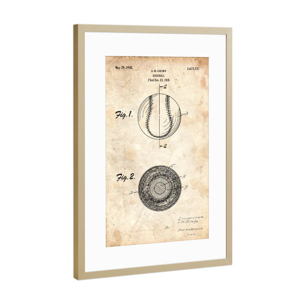 Poster mit Rahmen Gold "Baseball Patent III (Antik)" artboxONE - Sport - Sport,Baseball,Vintage,Retro,Patent,Blaupause,Entwurf,Usa,Fitness,America