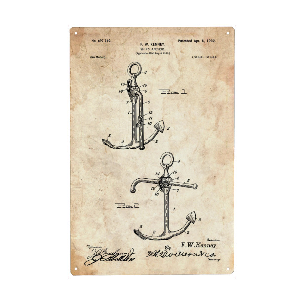 Metall Poster "Anker Patent (Antik)" artboxONE - Reise,Reise / Strand und Meer - Patent,Retro,Segel,Schiff,Marine,Meer,Nautisch,Anker,Strand,Boot