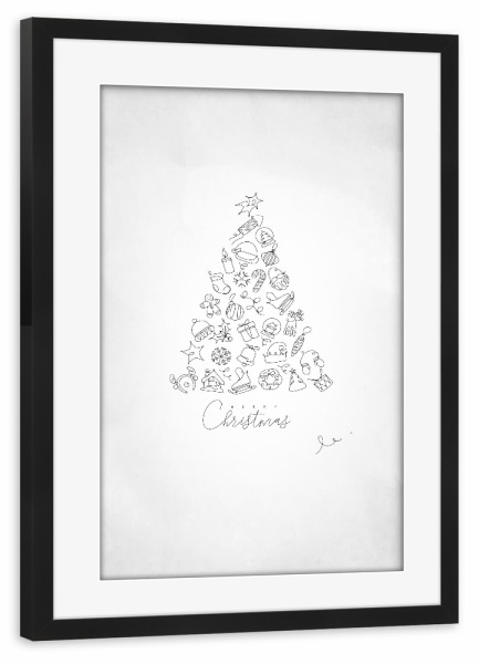 Poster mit Rahmen schwarz "Pen line drawing christmas tree" artboxONE - Schwarzweiß,Weihnachten