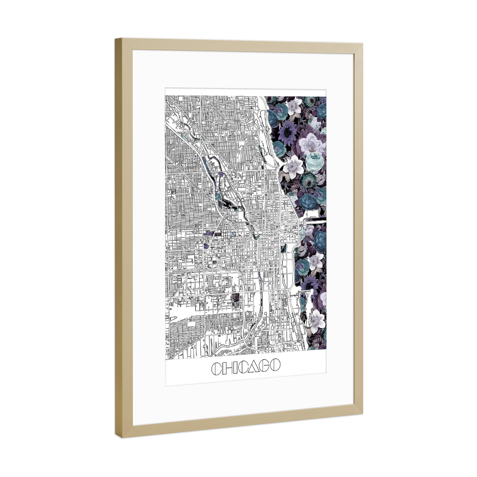 Poster mit Rahmen Gold "Chicago city map floral" artboxONE - Städte,Typografie,Reise,Schwarzweiß,Städte / Chicago,Kartografie