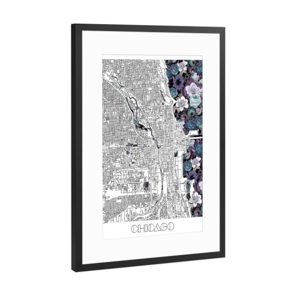 Poster mit Rahmen Schwarz (Metallic) "Chicago city map floral" artboxONE - Städte,Typografie,Reise,Schwarzweiß,Städte / Chicago,Kartografie