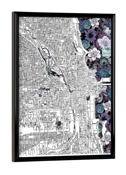 Poster mit schwarzem Rahmen "Chicago city map floral" artboxONE - Städte,Typografie,Reise,Schwarzweiß,Städte / Chicago,Kartografie