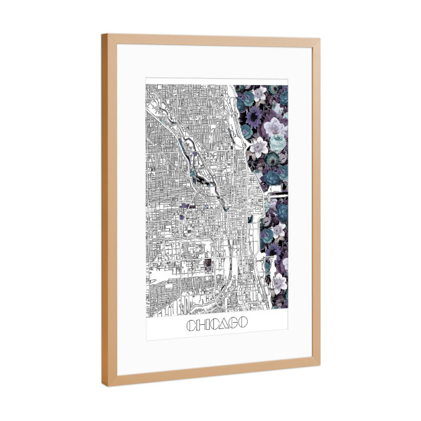 Poster mit Rahmen Kupfer "Chicago city map floral" artboxONE - Städte,Typografie,Reise,Schwarzweiß,Städte / Chicago,Kartografie