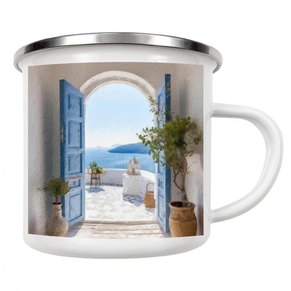Emaille Tasse "Blaue griechische Tür C" artboxONE - Natur,Architektur - Tür,Eingang,Balkon,Pflanzen