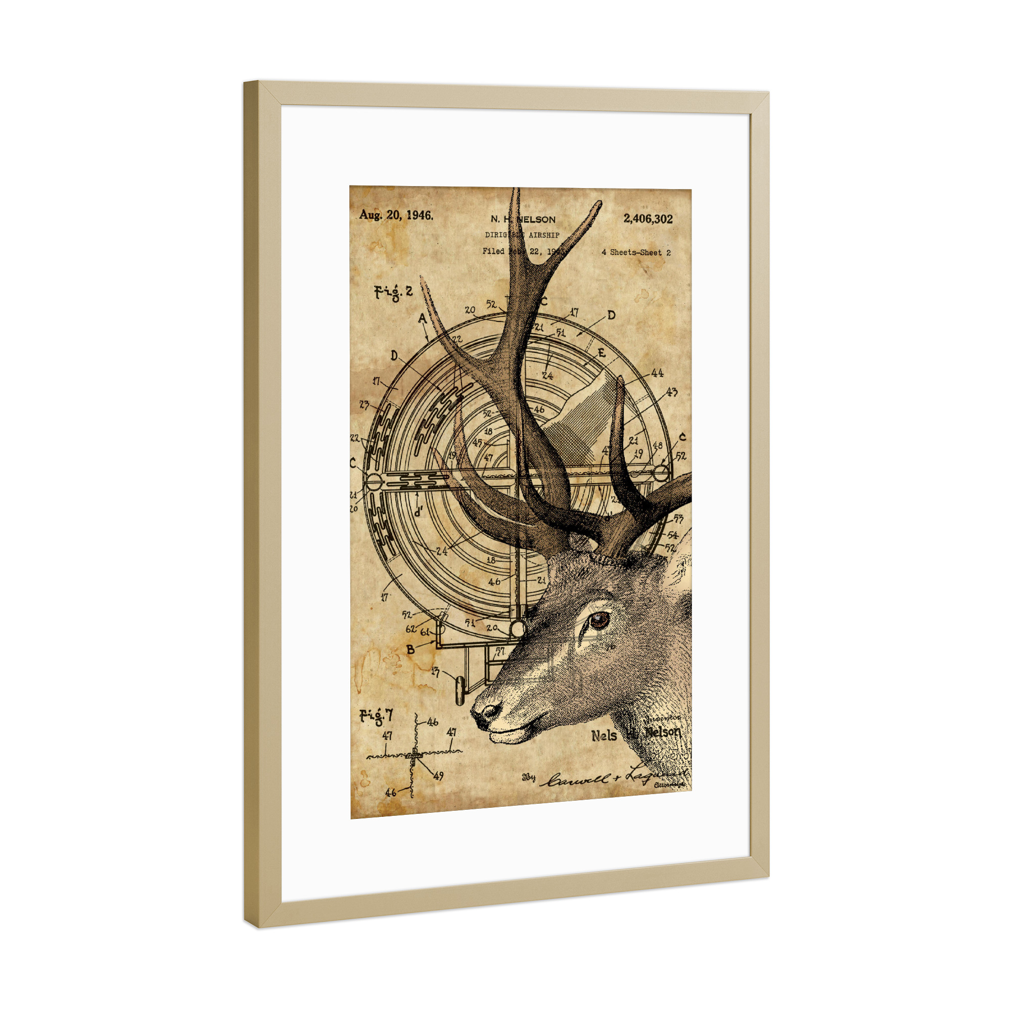 Poster mit Rahmen Gold "Steampunk Hirsch - Entwurf" artboxONE - Tiere - Hirsch,Tier,Wald,Steampunk,Tierwelt,Natur,Vintage,Antik,Retro