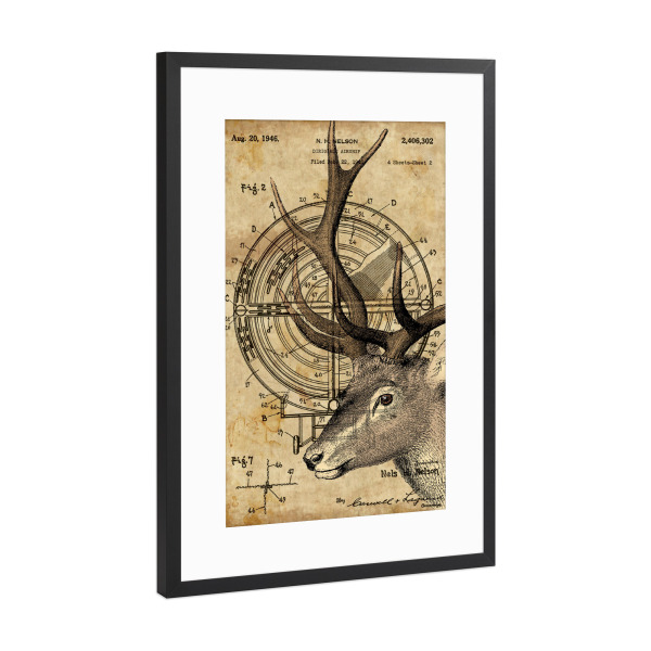 Poster mit Rahmen Schwarz (Metallic) "Steampunk Hirsch - Entwurf" artboxONE - Tiere - Hirsch,Tier,Wald,Steampunk,Tierwelt,Natur,Vintage,Antik,Retro
