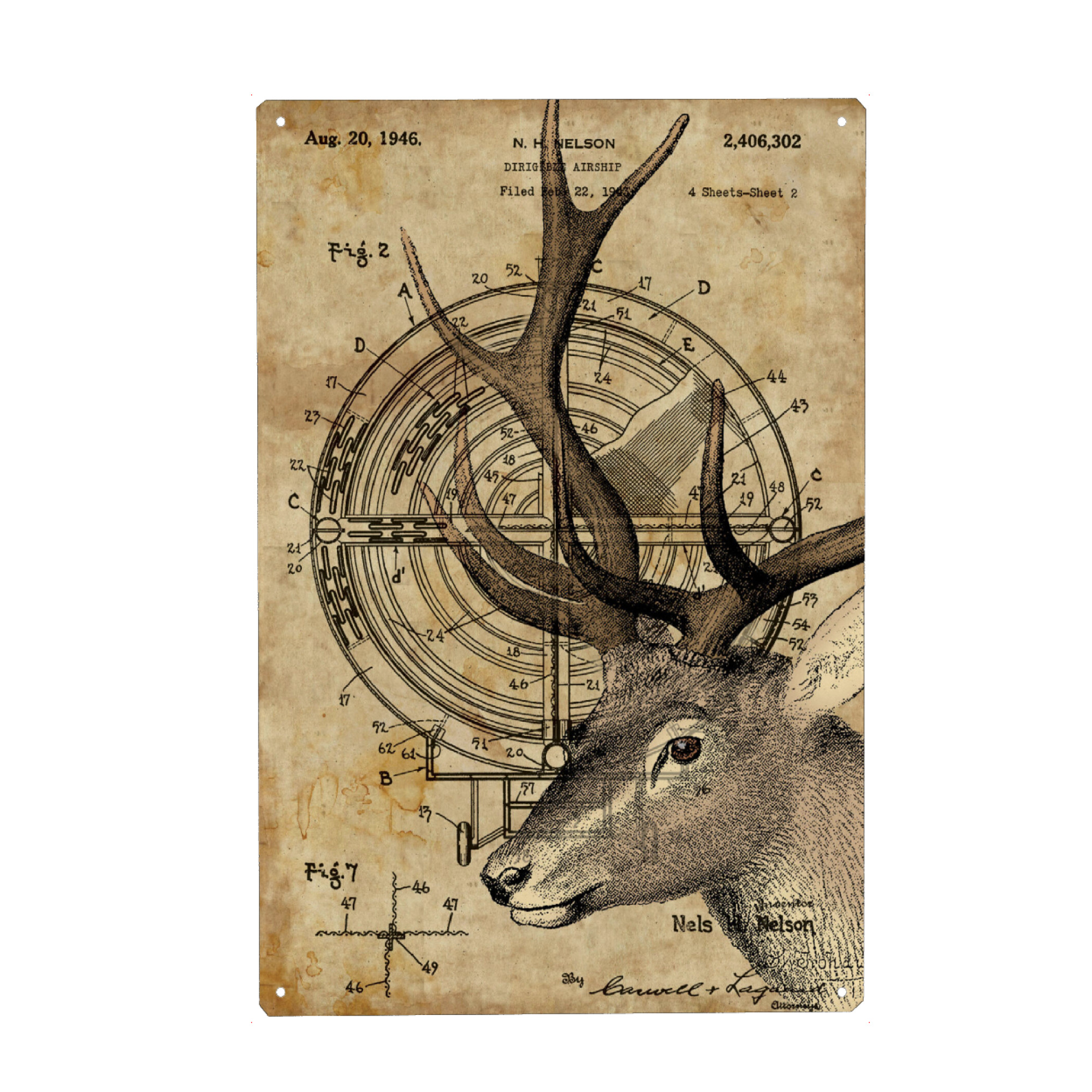 Holzbild "Steampunk Hirsch - Entwurf" artboxONE - Tiere - Hirsch,Tier,Wald,Steampunk,Tierwelt,Natur,Vintage,Antik,Retro