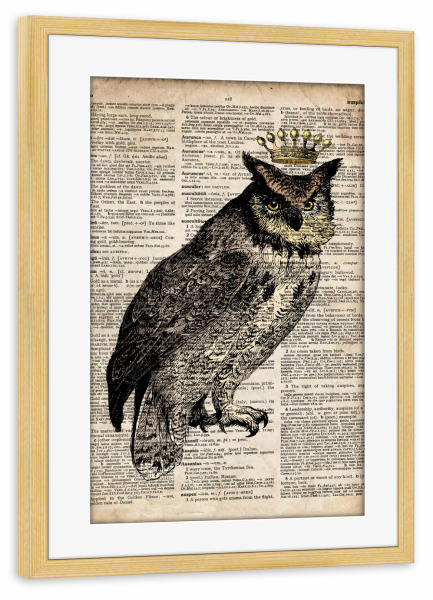 Poster mit Rahmen kiefer "Königliche Eule - Wörterbuch" artboxONE - Tiere - Eule,Vogel,Tier,Königin,Königlich,Wörterbuch,Antik,Vintage