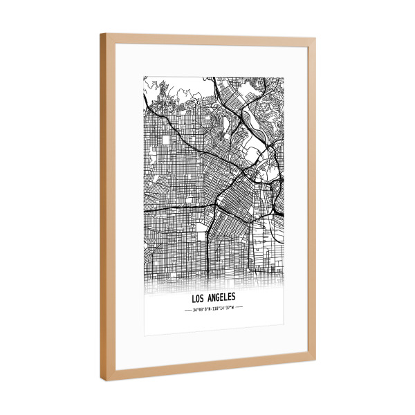 Poster mit Rahmen Kupfer "Los Angeles Retro Map" artboxONE - Städte,Schwarzweiß,Städte / Los Angeles,Kartografie