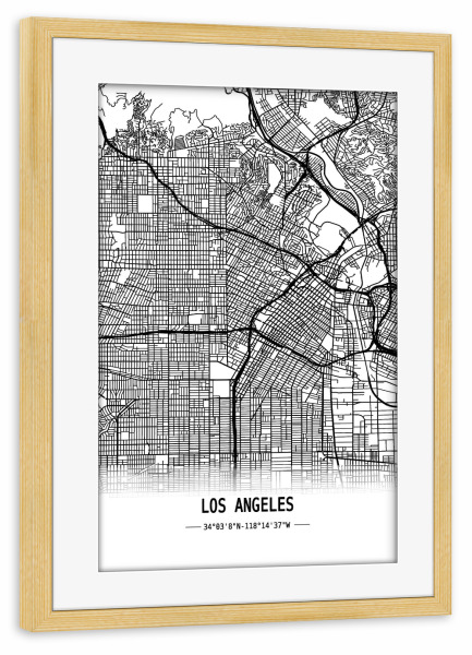 Poster mit Rahmen kiefer "Los Angeles Retro Map" artboxONE - Städte,Schwarzweiß,Städte / Los Angeles,Kartografie