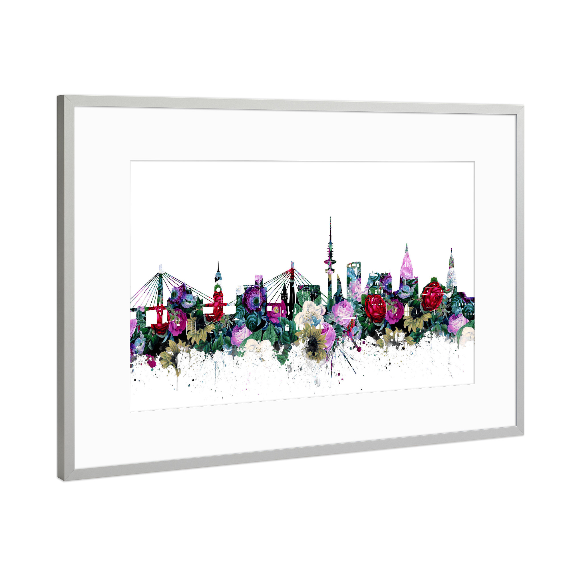 Poster mit Rahmen Silber "Hamburg city skyline floral" artboxONE - Städte,Städte / Hamburg,Reise,Floral