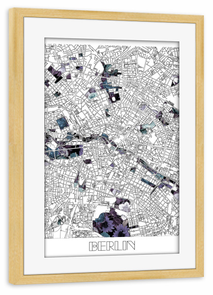 Poster mit Rahmen kiefer "Berlin city map floral" artboxONE - Städte,Städte / Berlin,Typografie,Reise,Schwarzweiß,Kartografie