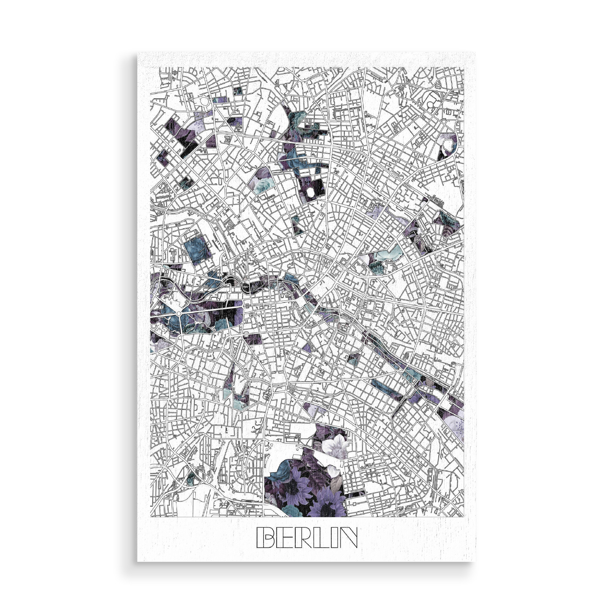 Holzbild "Berlin city map floral" artboxONE - Städte,Städte / Berlin,Typografie,Reise,Schwarzweiß,Kartografie