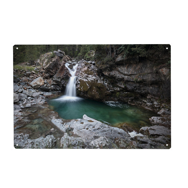 Holzbild "Wasserfall im Berninatal" artboxONE - Natur - Wasserfall,Landschaft,Schweiz,Wald,Fels,Engadin,Bernina,Morteratsch