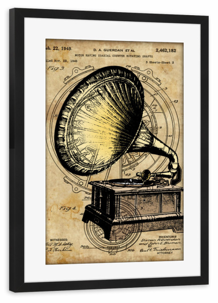 Poster mit Rahmen schwarz "Steampunk Grammophon" artboxONE - Musik - Retro,Grammophon,Patent,Plattenspieler,Steampunk,Vintage,Musik